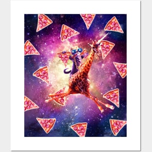 Thug Space Cat On Giraffe Unicorn - Pizza Posters and Art